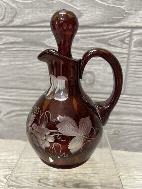 Vintage Czech Bohemian Etched Ruby Red Cut to Clear Crystal Cruet with Stopper